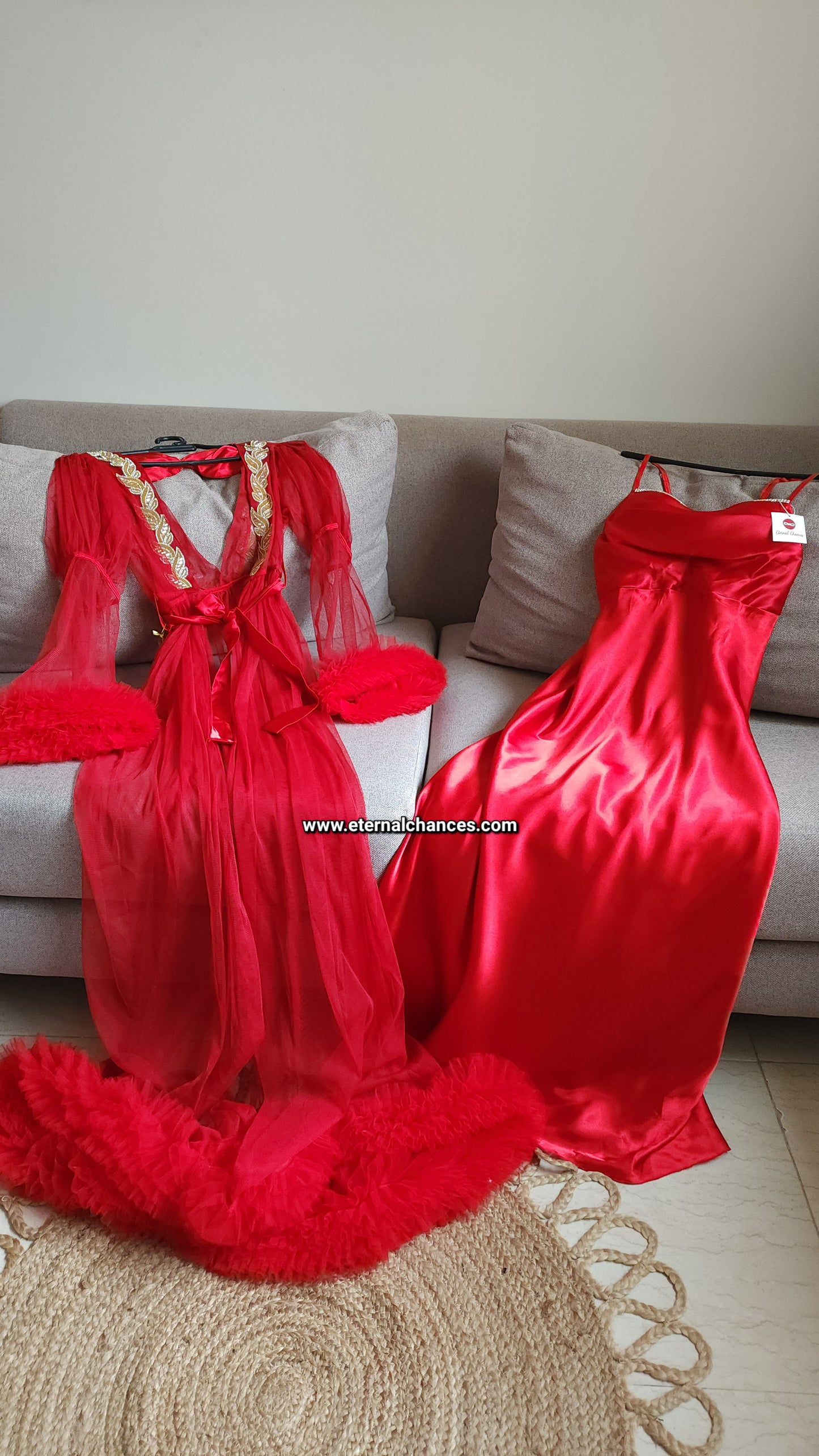 Ensemble Long Mariée nuisette + déshabillé Glamour – Satin Rouge & Tulle Transparent Taille unique standard