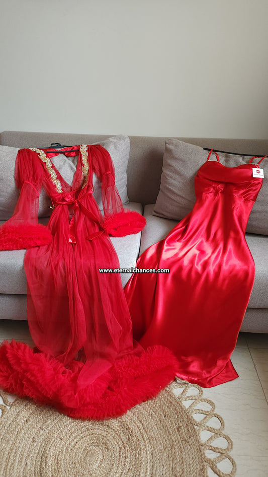 Ensemble Long Mariée nuisette + déshabillé Glamour – Satin Rouge & Tulle Transparent Taille unique standard