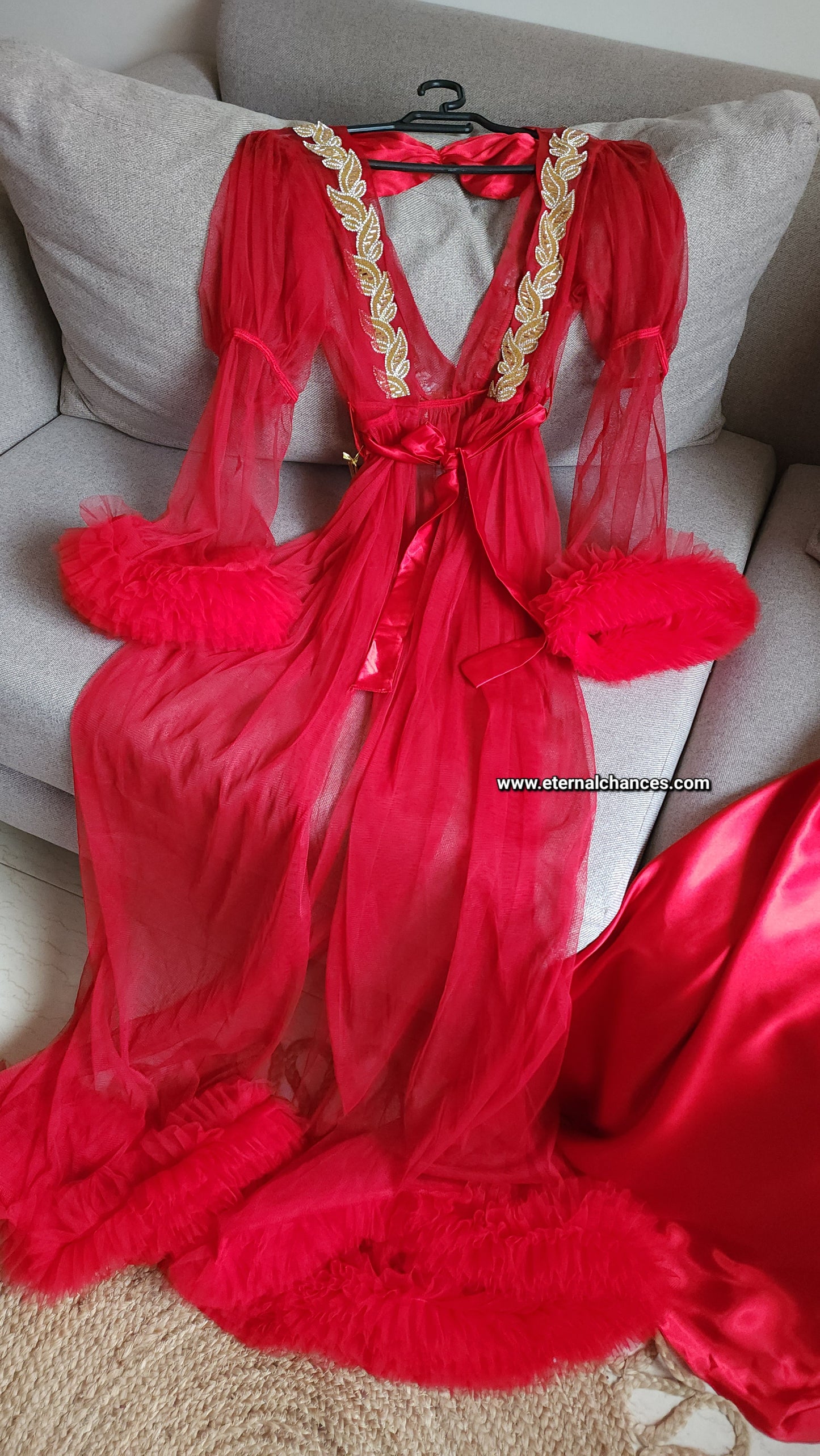 Ensemble Long Mariée nuisette + déshabillé Glamour – Satin Rouge & Tulle Transparent Taille unique standard