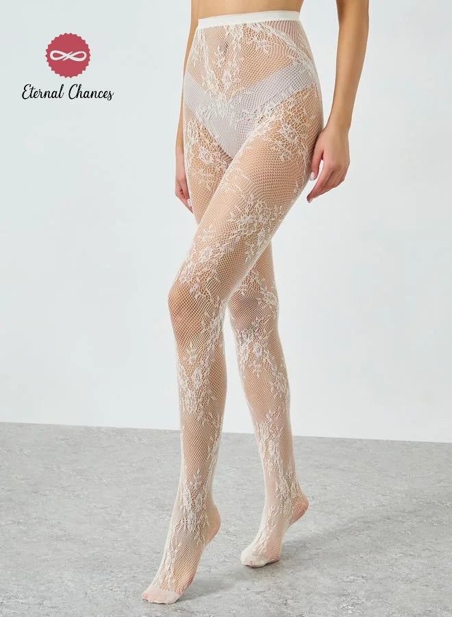 Collant blanc à fleurs en dentelle et maille