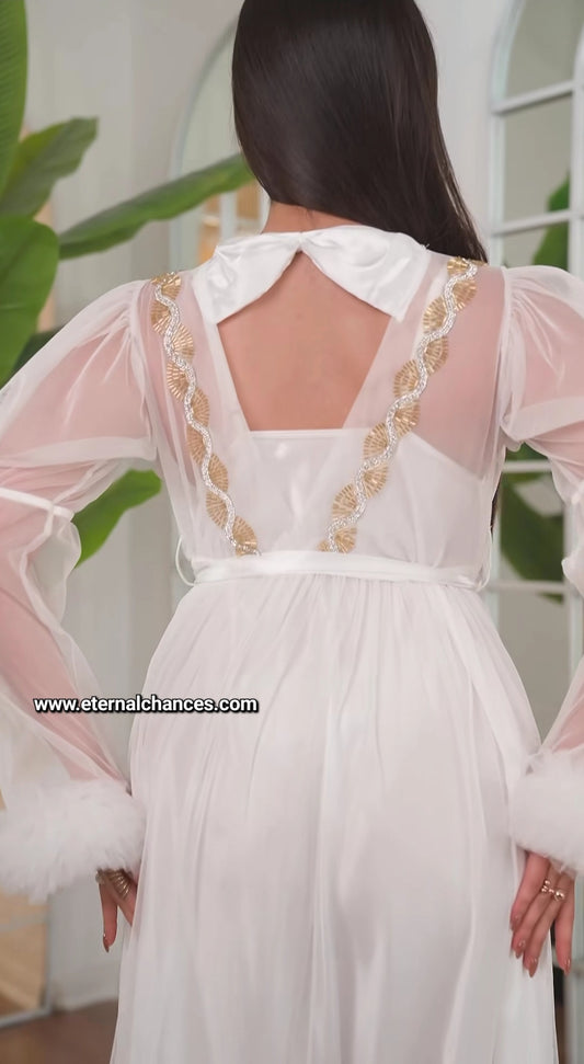 Ensemble Long Mariée Glamour – Satin Blanc & Tulle Transparent Taille unique standard