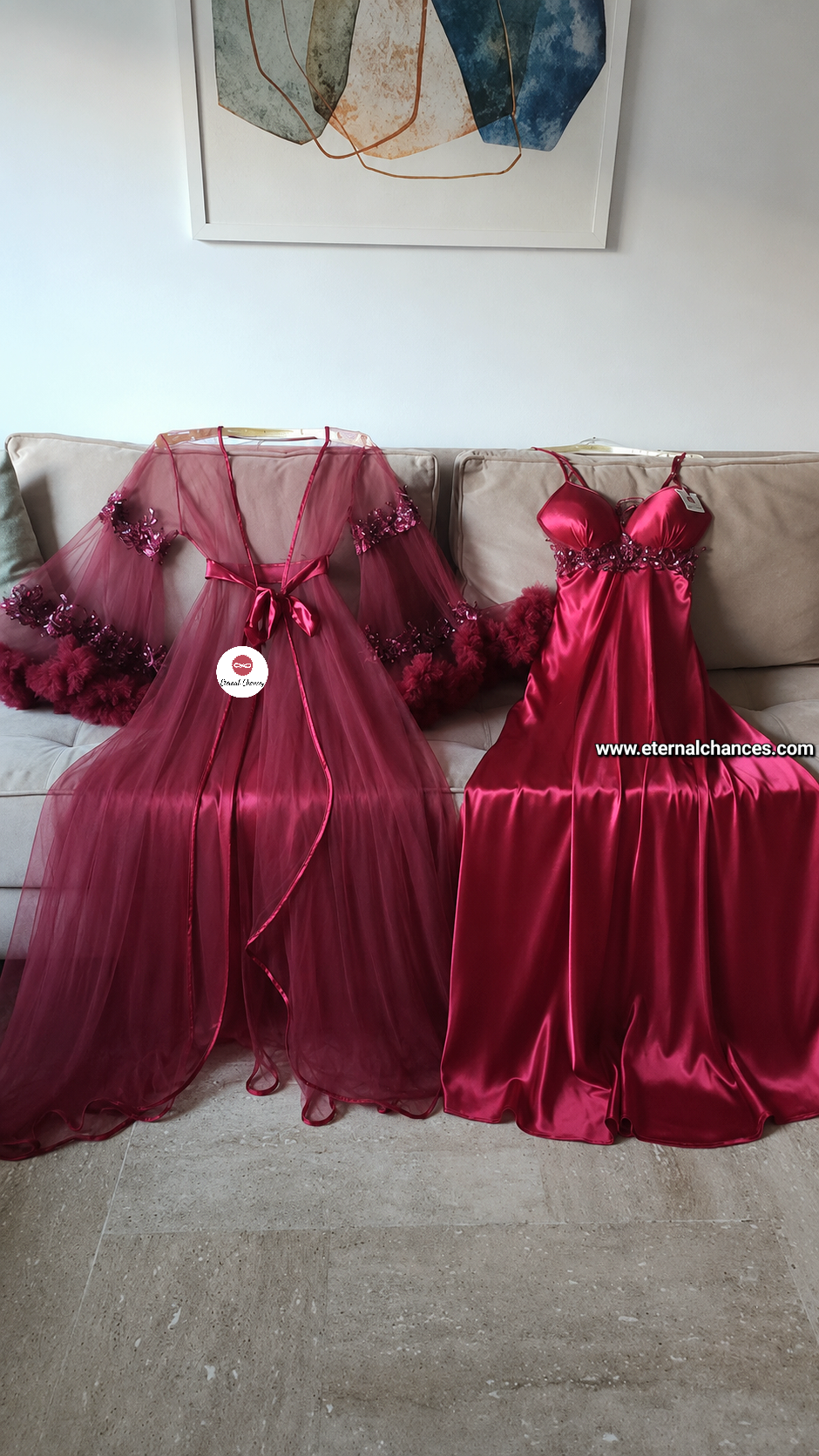 Édition Royale - Ensemble long rouge rubis déshabillé + Nuisette (taille standard ajustable)
