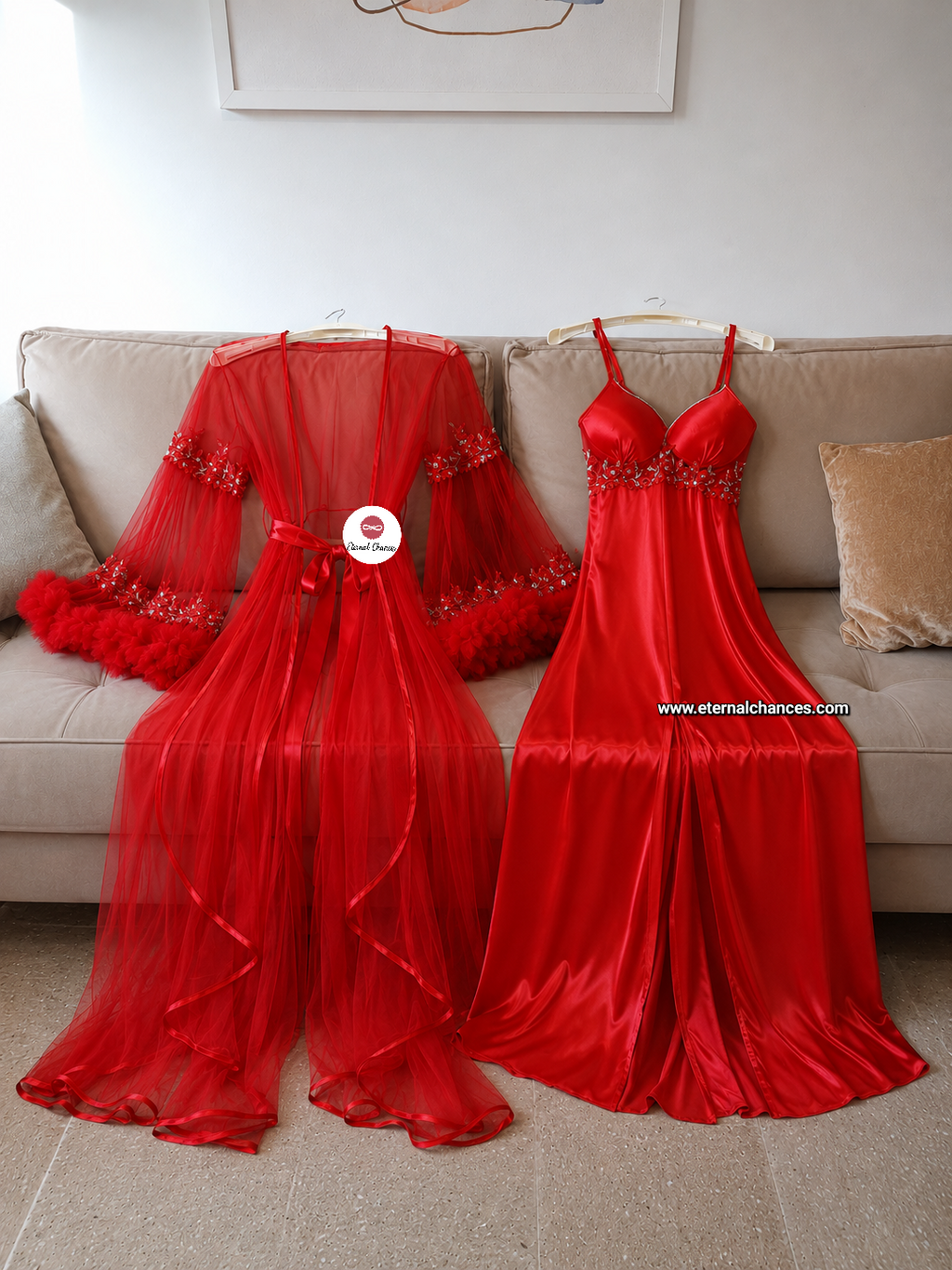 Édition Royale - Ensemble long rouge déshabillé + Nuisette (taille standard ajustable)