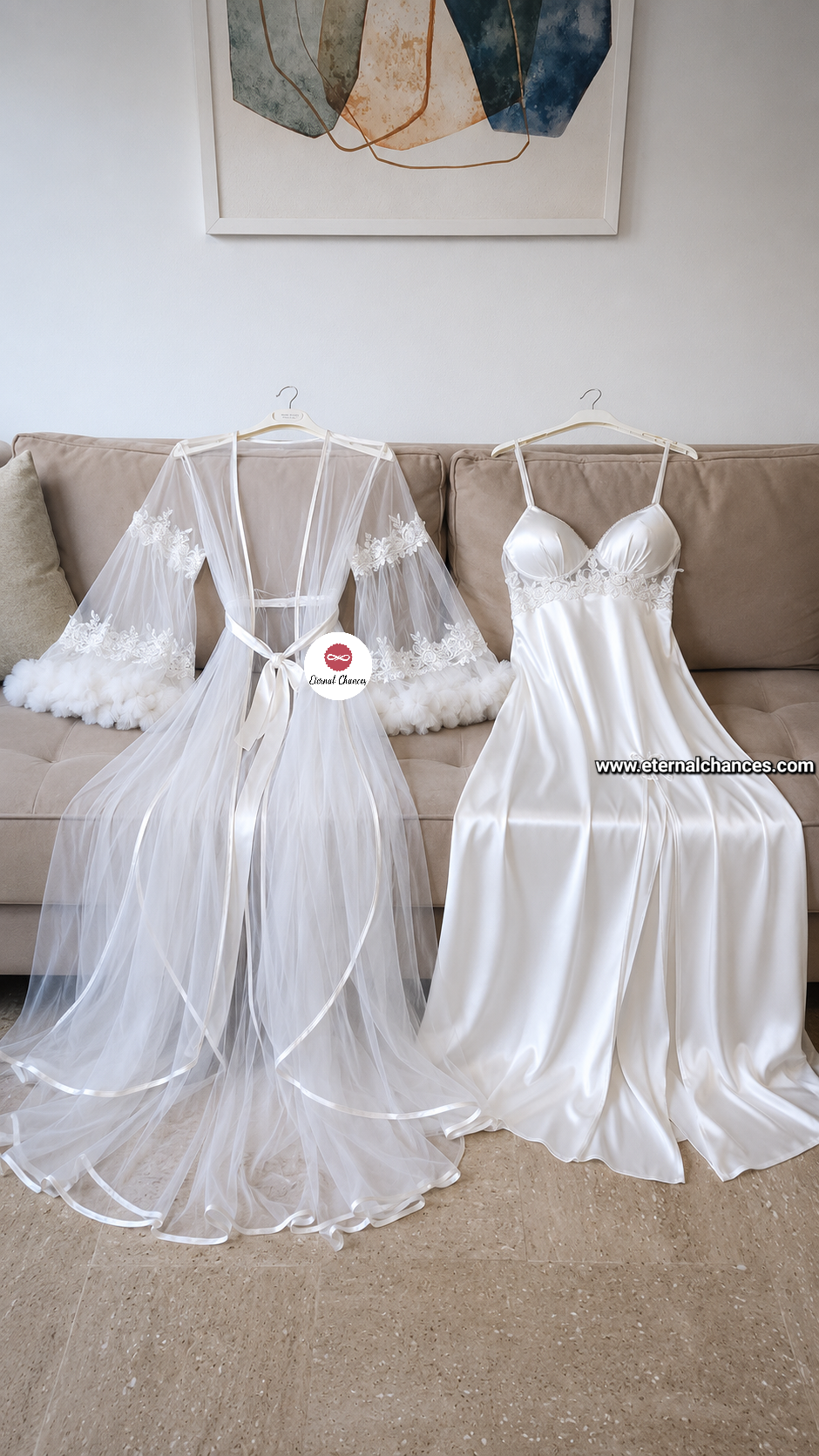 Édition Royale - Ensemble long blanc déshabillé + Nuisette (taille standard ajustable)