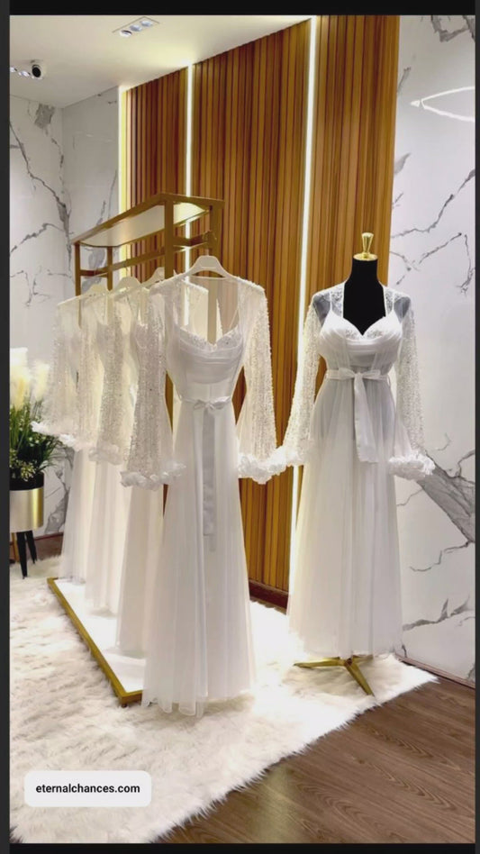 Ensemble Long Royale nuisette satin + déshabillé tulle orné de perles (taille standard)